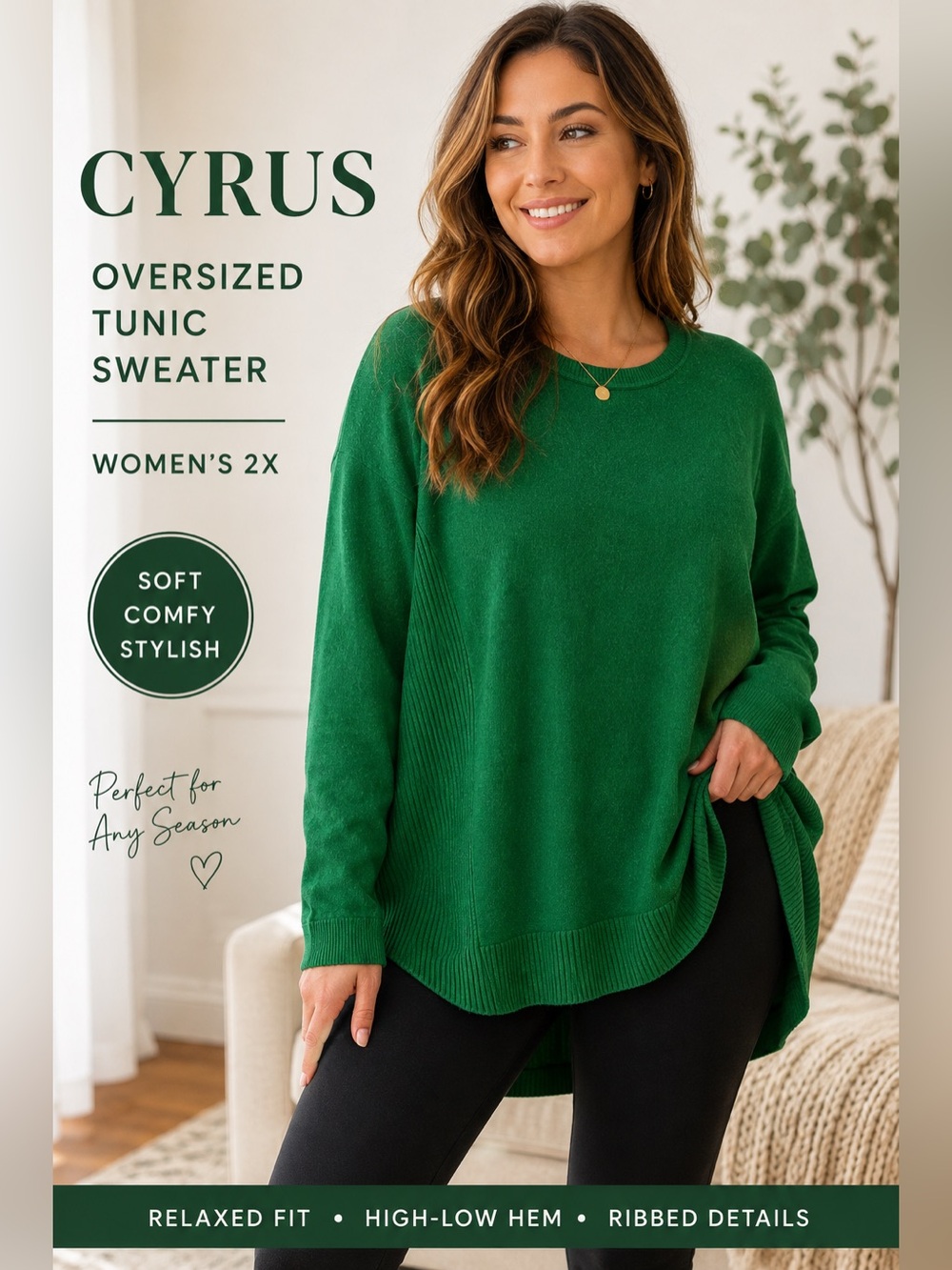 Cyrus Women’s 2X Emerald Green Oversized Tunic Sweater High Low Relaxed Fit